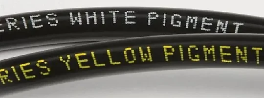 Two black cable jackets marked by inkjet: the upper length in white pigment ink, the lower length in yellow pigment ink