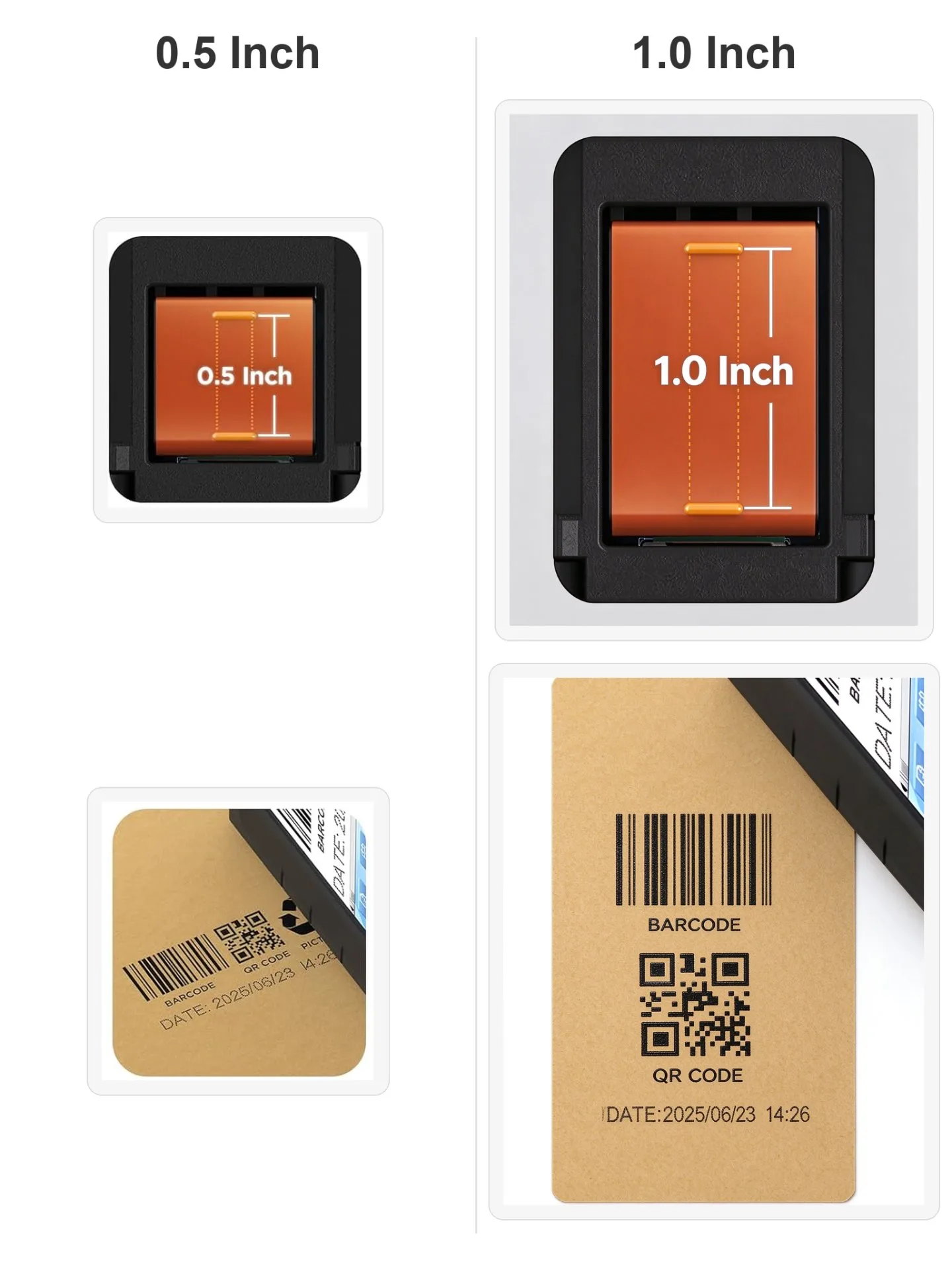 Half-inch and one-inch TIJ cartridge print faces side by side, above kraft paper samples: a single line of date, batch and small QR on the half-inch, and a full barcode plus QR plus date line on the one-inch