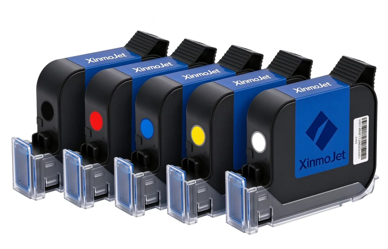 Five XinmoJet HP45-format TIJ ink cartridges in black and colour grades, standing in a row on a workshop bench