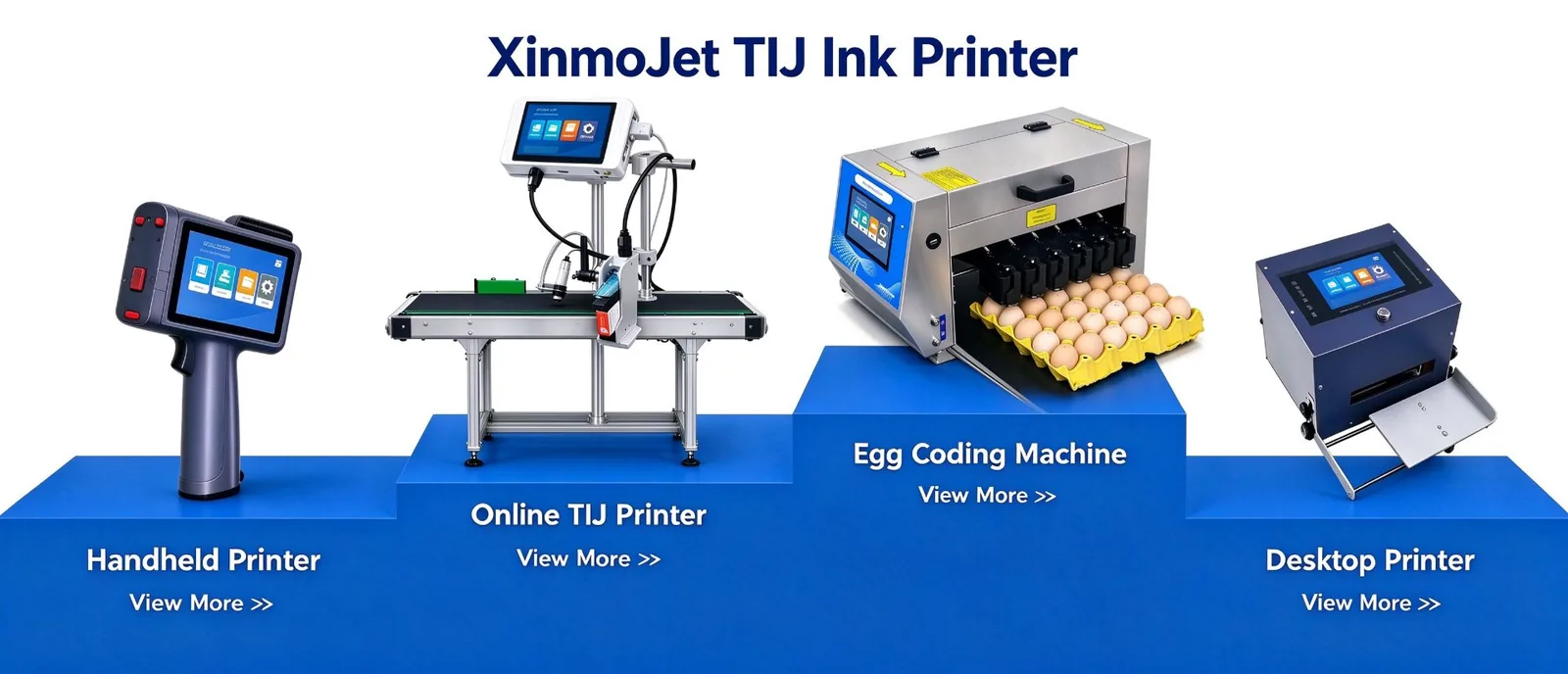 Four printer types side by side: handheld, online line-mounted, egg coding and desktop units